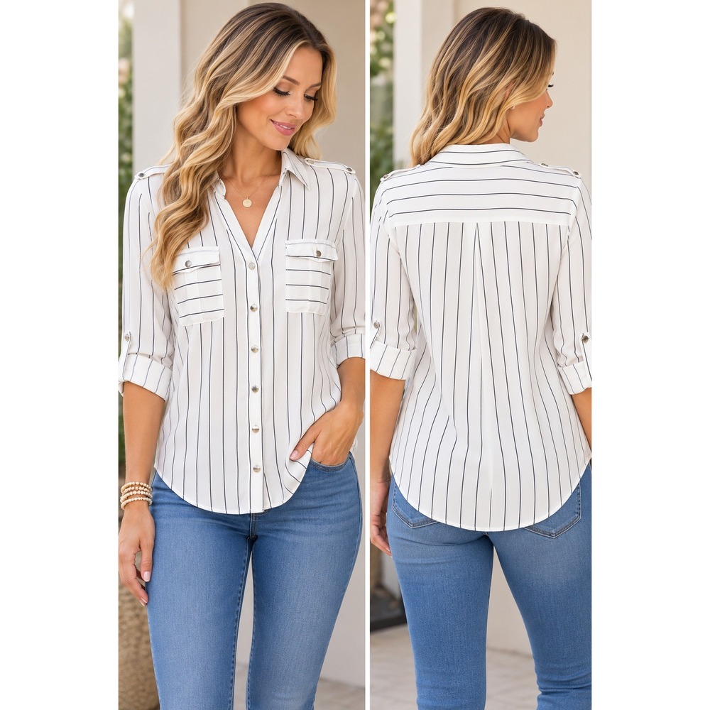 Ivory Navy Striped Button Up Blouse Roll Tab Sleeve Utility Shirt Womens